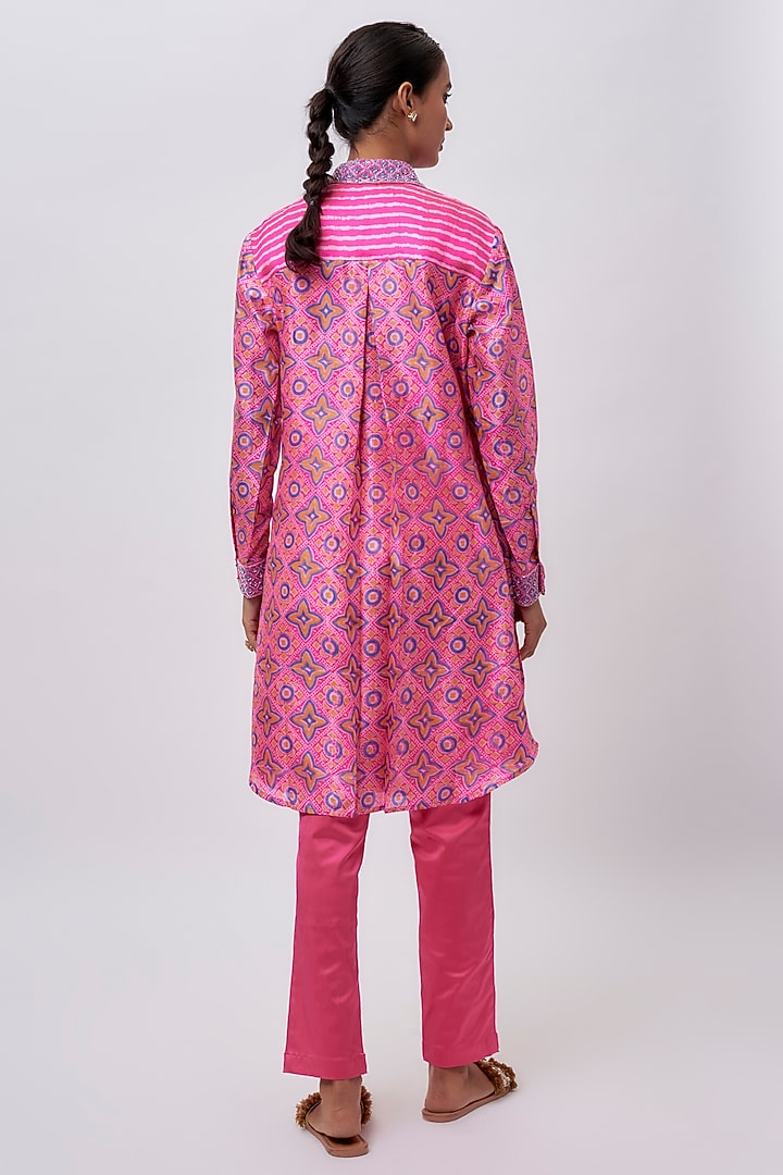 Pink Kora Silk Ajrakh Print & Floral Embroidered Co-Ord Set by Prisha's at Pernia's Pop Up Shop