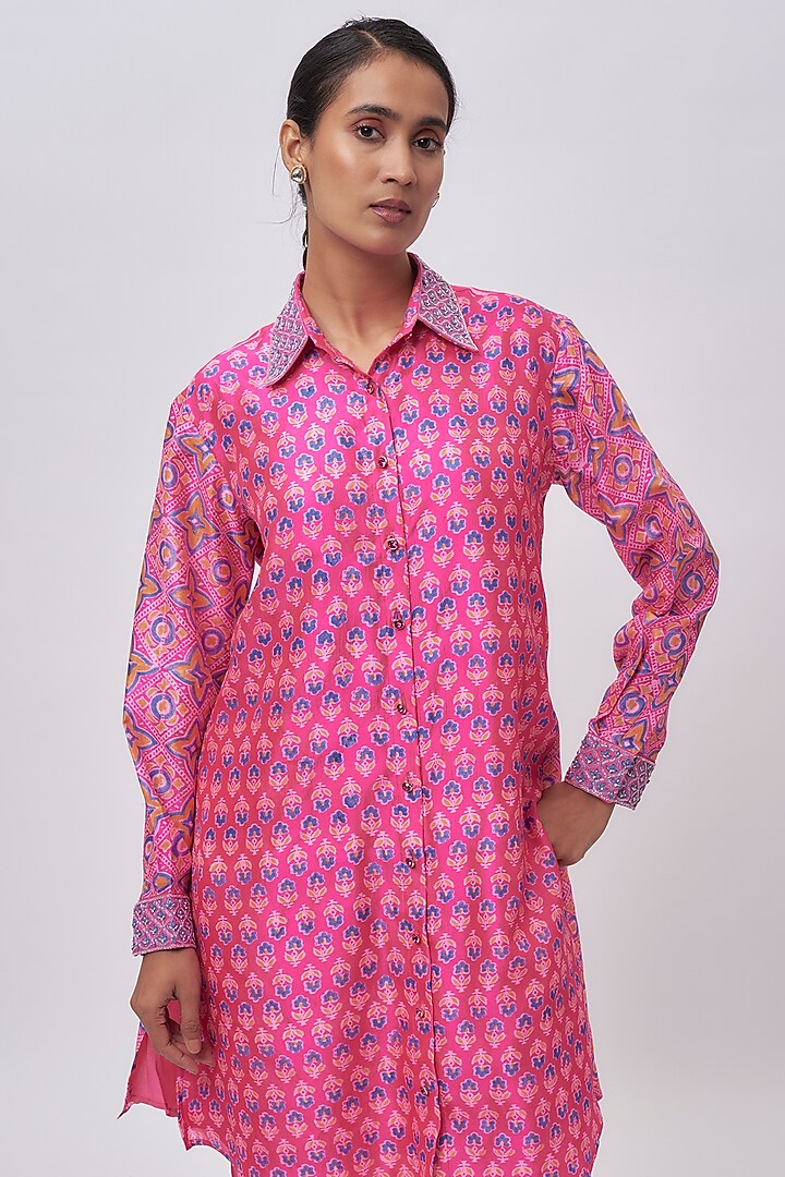 Pink Kora Silk Ajrakh Print & Floral Embroidered Co-Ord Set by Prisha's at Pernia's Pop Up Shop