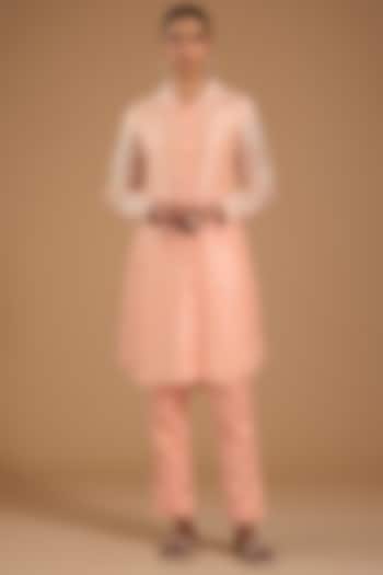 Peach Kora Silk Printed & Embroidered Co-ord Set by Prisha's at Pernia's Pop Up Shop