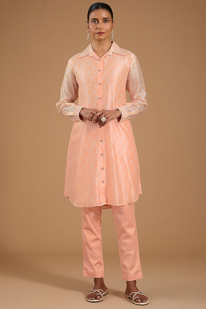 Peach Kora Silk Printed & Embroidered Co-ord Set by Prisha's at Pernia's Pop Up Shop