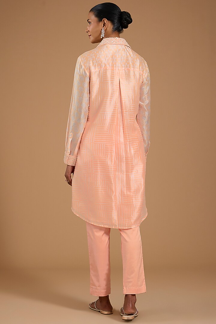 Peach Kora Silk Printed & Embroidered Co-ord Set by Prisha's at Pernia's Pop Up Shop
