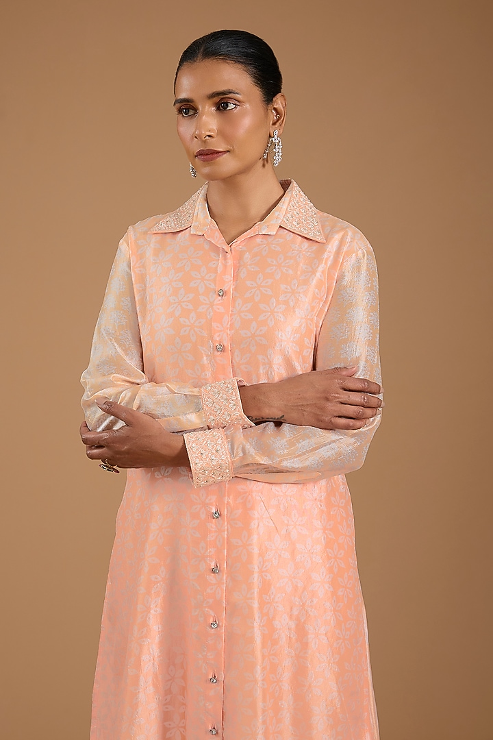 Peach Kora Silk Printed & Embroidered Co-ord Set by Prisha's at Pernia's Pop Up Shop