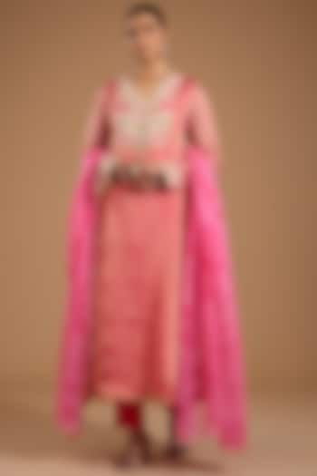 Magenta Tissue Organza Printed & Embroidered Kurta Set by Prisha's at Pernia's Pop Up Shop