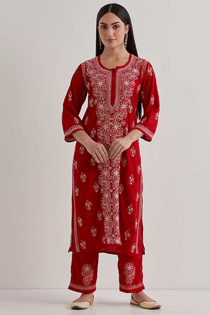 Red Cotton Chikankari Embroidered Kurta Set by Priya chaudhary at Pernia's Pop Up Shop
