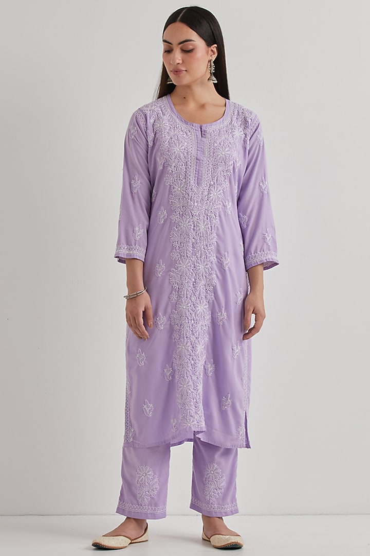 Purple Cotton Chikankari Embroidered Kurta Set by Priya chaudhary at Pernia's Pop Up Shop