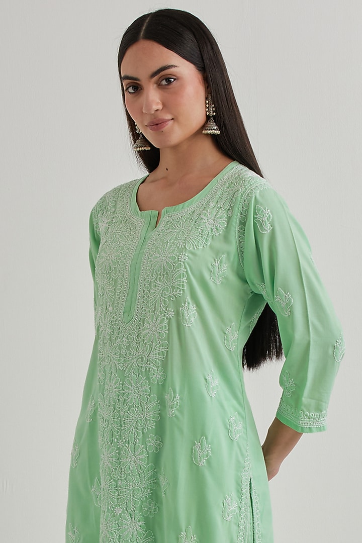 Green Cotton Chikankari Embroidered Kurta Set by Priya chaudhary at Pernia's Pop Up Shop
