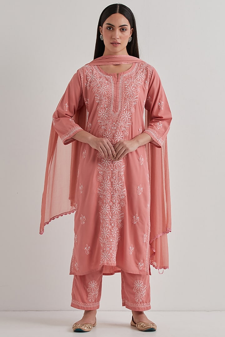 Pink Cotton Chikankari Embroidered Kurta Set by Priya chaudhary