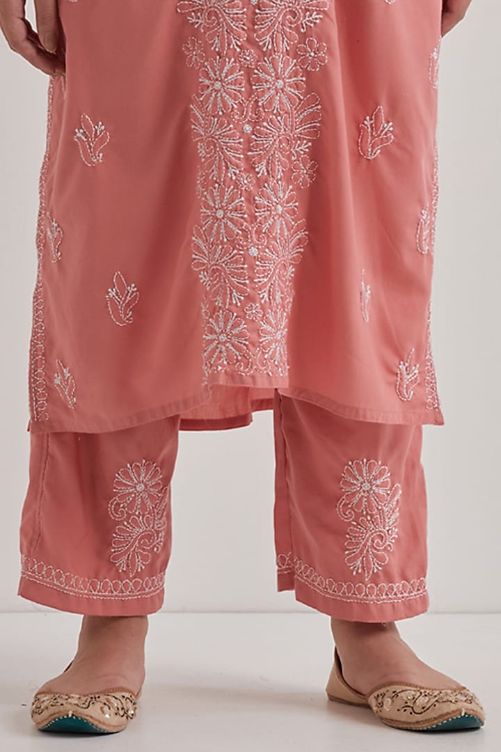 Pink Cotton Chikankari Embroidered Kurta Set by Priya chaudhary at Pernia's Pop Up Shop