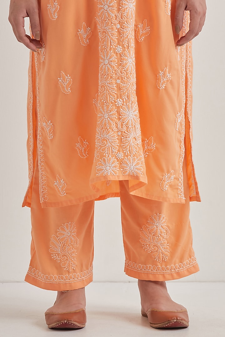 Peach Cotton Chikankari Embroidered Kurta Set by Priya chaudhary at Pernia's Pop Up Shop