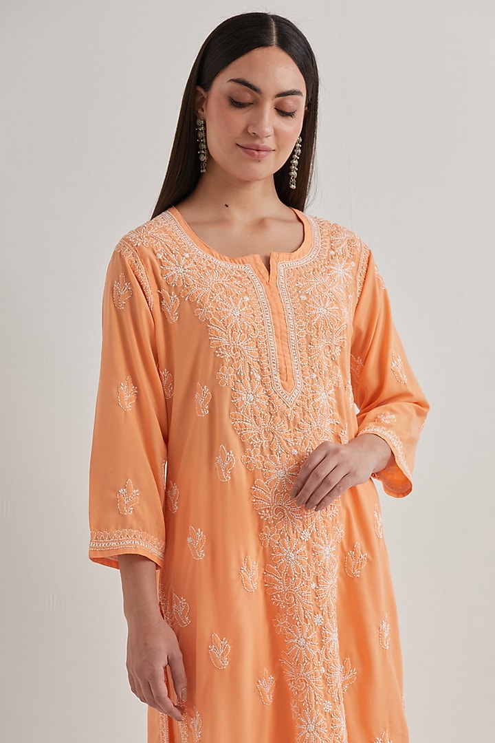 Peach Cotton Chikankari Embroidered Kurta Set by Priya chaudhary at Pernia's Pop Up Shop