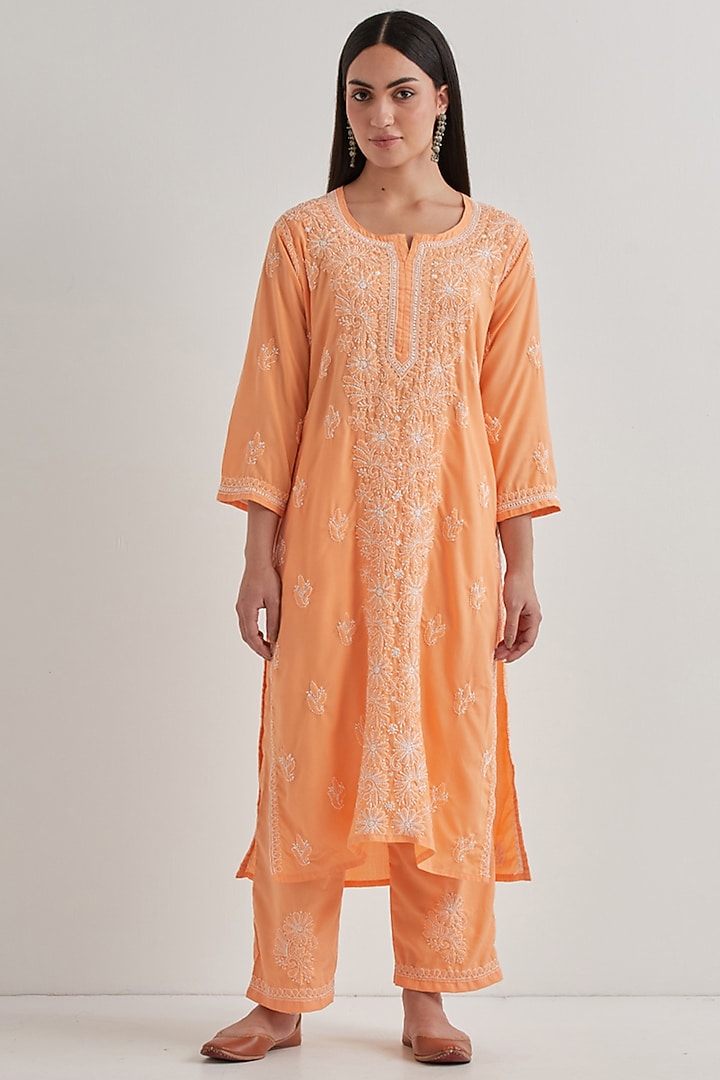 Peach Cotton Chikankari Embroidered Kurta Set by Priya chaudhary at Pernia's Pop Up Shop