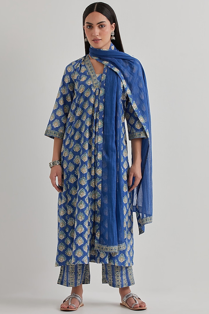 Blue Cotton Printed Gathered Kurta Set by Priya chaudhary