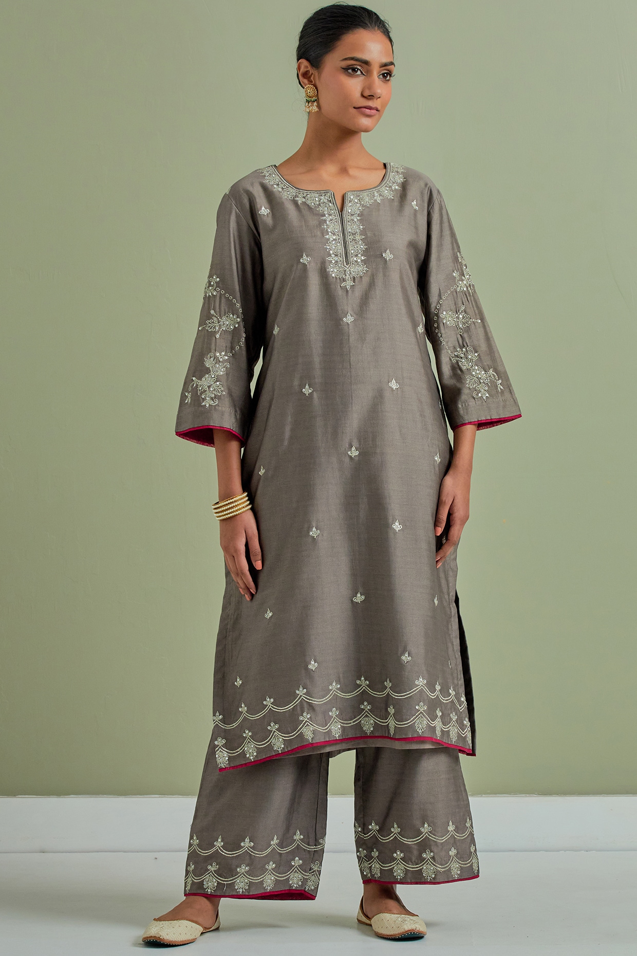 Plus Size Grey Chanderi Silk Kurta