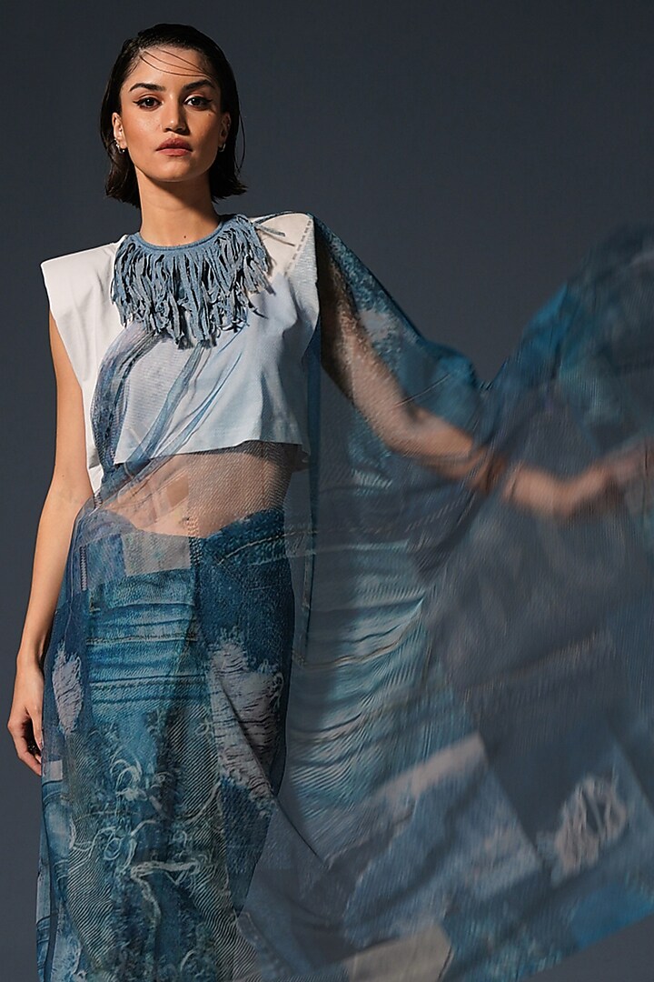 Blue Net Digital Printed Party Wear Saree by Priyanca Khanna at Pernia's Pop Up Shop