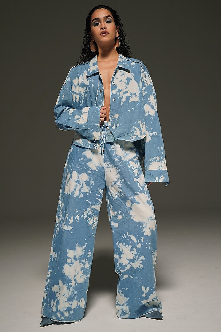 Blue & White Soft Denim Tie-Dye Printed Co-Ord Set by Priyanca Khanna at Pernia's Pop Up Shop
