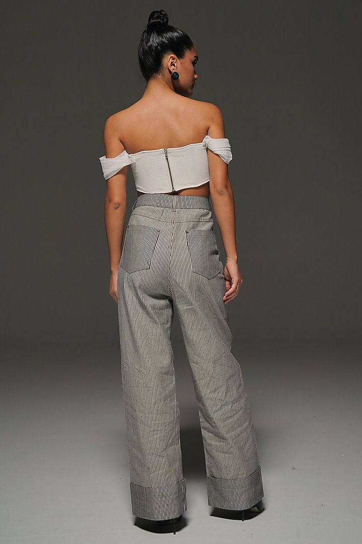 White & Black Denim Striped Pants by Priyanca Khanna at Pernia's Pop Up Shop