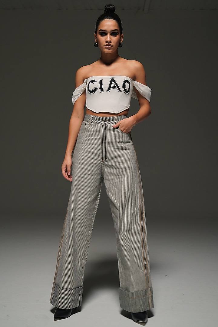 White & Black Denim Striped Pants by Priyanca Khanna at Pernia's Pop Up Shop