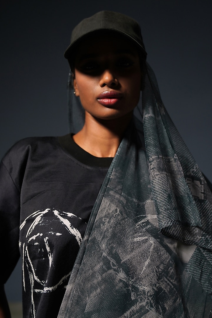 Black Net Digital Printed Party Wear Saree by Priyanca Khanna at Pernia's Pop Up Shop
