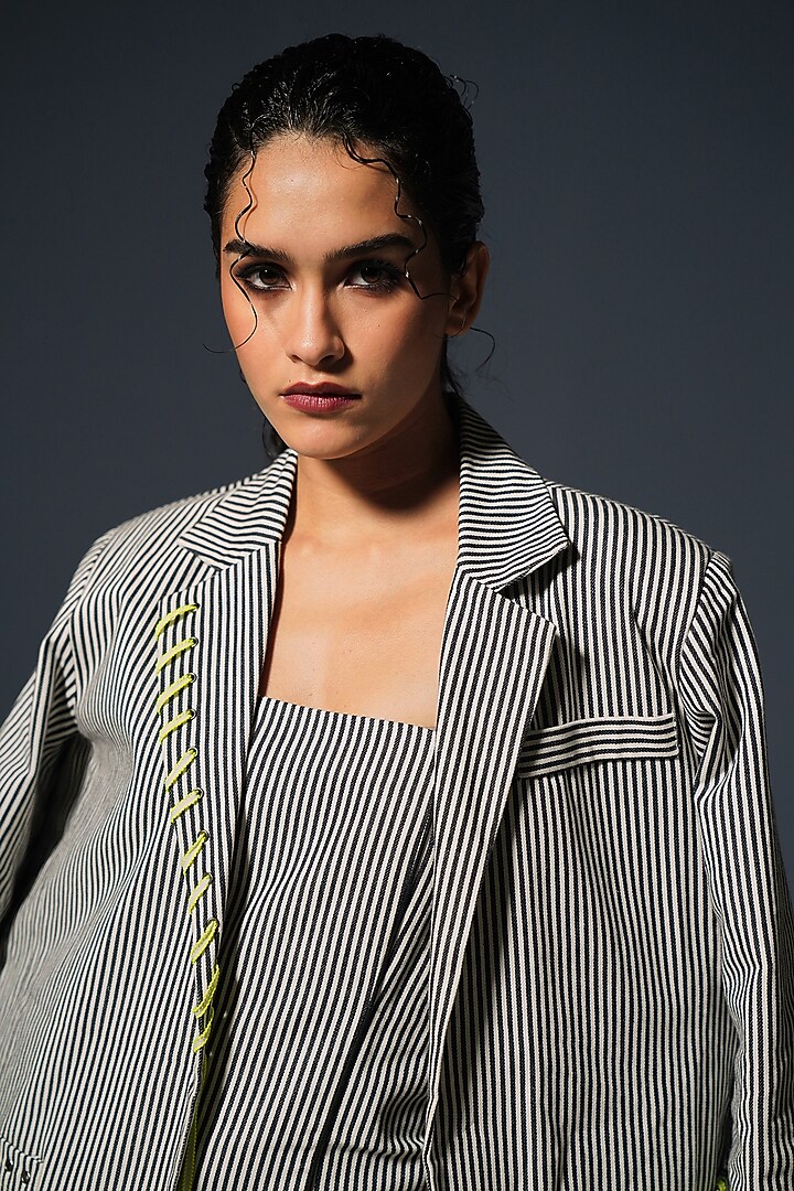 White Denim Striped Blazer by Priyanca Khanna at Pernia's Pop Up Shop