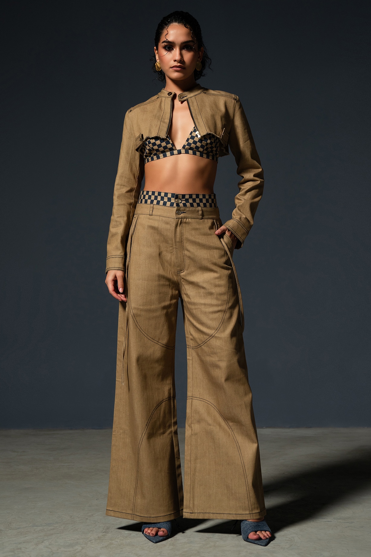 Camel Brown Denim Co-Ord Set by Priyanca Khanna at Pernia's Pop Up
