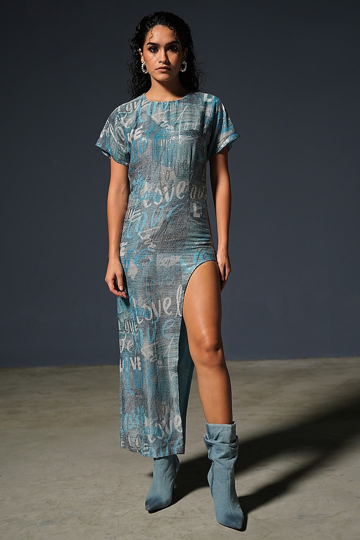 Blue Georgette Printed Midi Dress by Priyanca Khanna