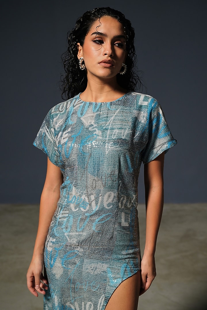 Blue Georgette Printed Midi Vacation Dress by Priyanca Khanna at Pernia's Pop Up Shop