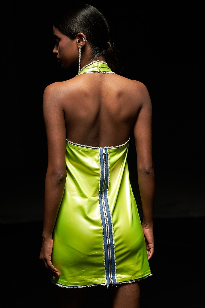 Neon Green Rexine Mini Vacation Dress by Priyanca Khanna at Pernia's Pop Up Shop