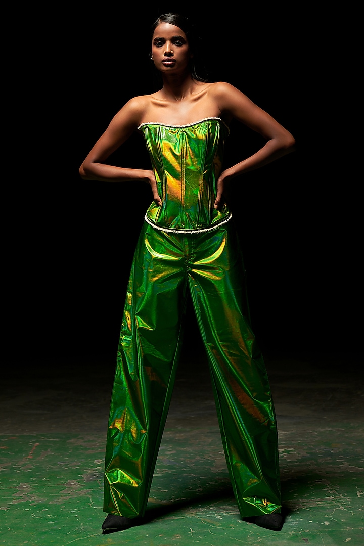 Metallic Green Leather Pant Set by Priyanca Khanna at Pernia's Pop Up Shop