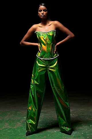 Metallic Green Leather Pant Set by Priyanca Khanna
