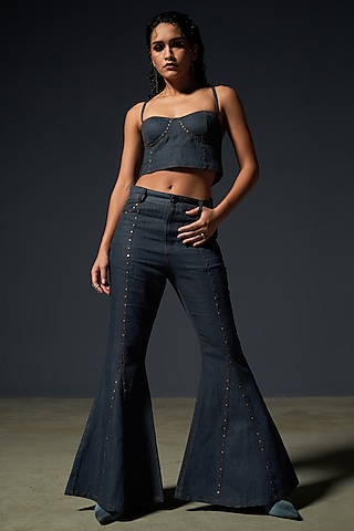 Dark Blue Denim Bell Bottom Pant Set by Priyanca Khanna
