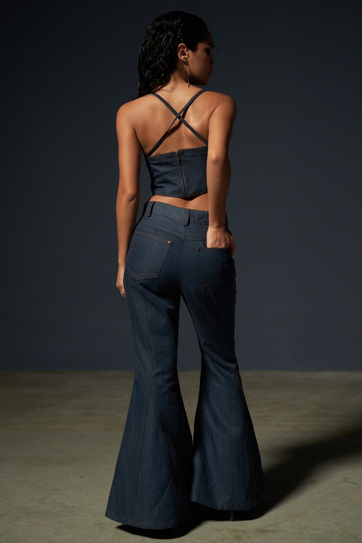 本日までHIGH WAIST BELL-BOTTOM DENIM PANTS Dark Blue Denim Bell Bottom Pant Set by Priyanca Khanna at