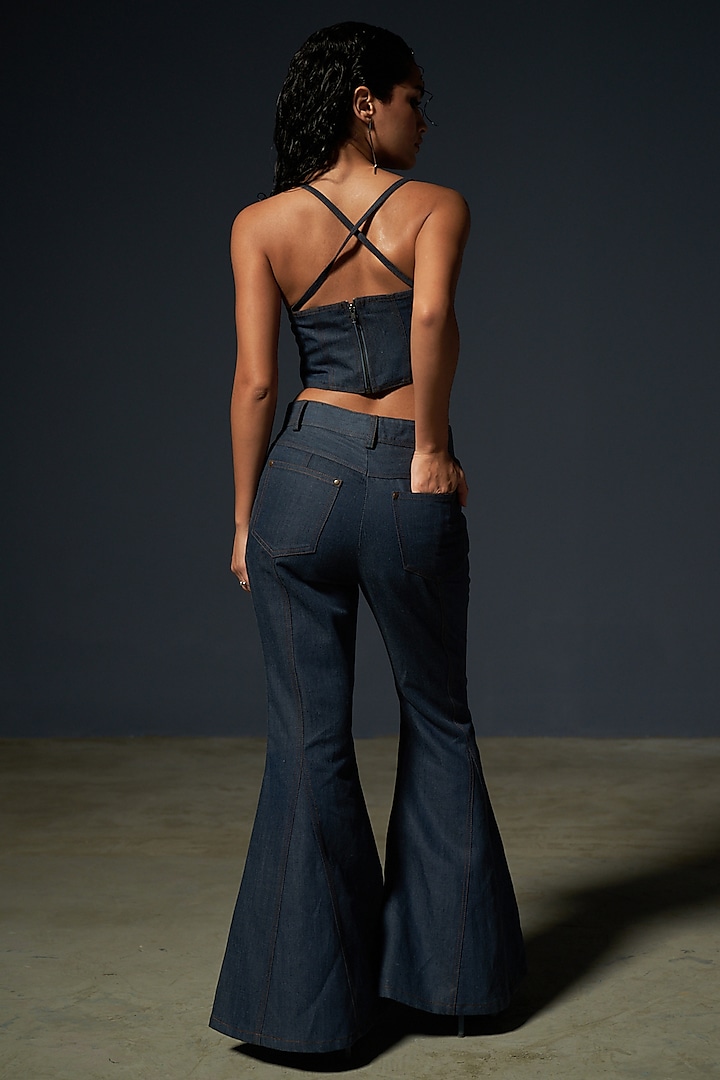 Dark Blue Denim Bell Bottom Pant Set by Priyanca Khanna at Pernia's Pop Up Shop