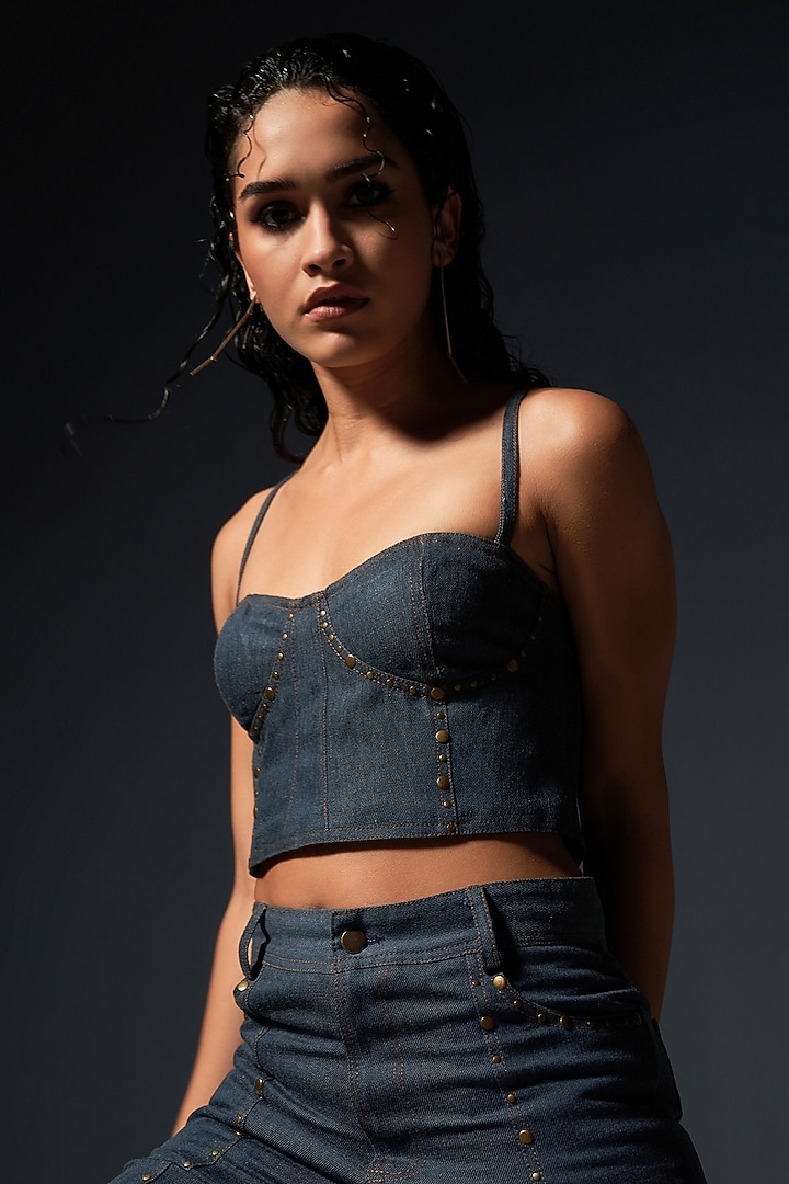 Dark Blue Denim Bell Bottom Pant Set by Priyanca Khanna at Pernia's Pop Up Shop