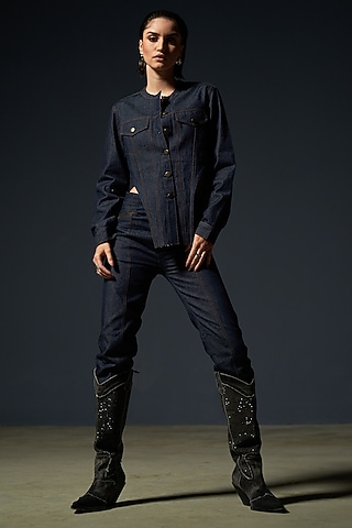 Midnight Blue Denim Pant Set by Priyanca Khanna
