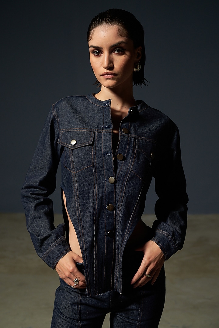 Midnight Blue Denim Pant Set by Priyanca Khanna at Pernia's Pop Up Shop
