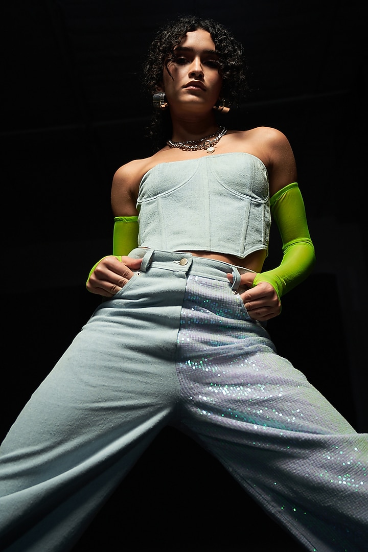 Light Blue Denim High-Waist Pants by Priyanca Khanna at Pernia's Pop Up Shop