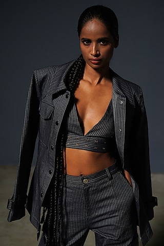 Greyish Blue Denim Striped Blazer by Priyanca Khanna