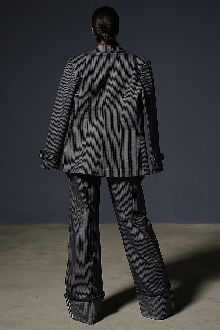 Greyish Blue Denim Striped Blazer by Priyanca Khanna at Pernia's Pop Up Shop