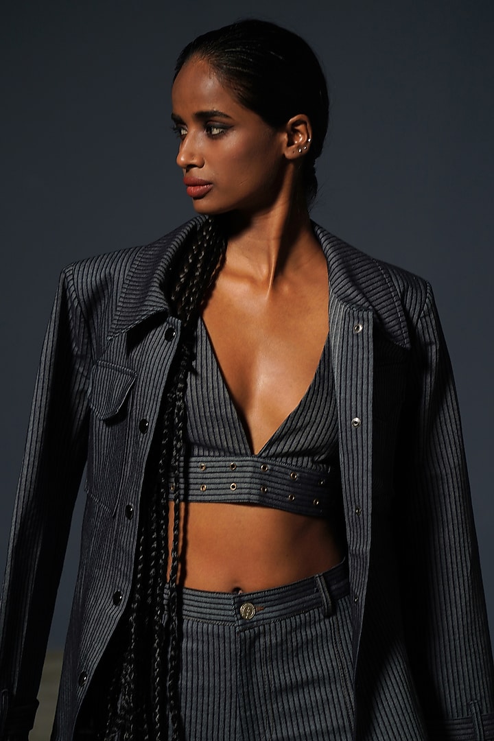 Greyish Blue Denim Striped Blazer by Priyanca Khanna at Pernia's Pop Up Shop