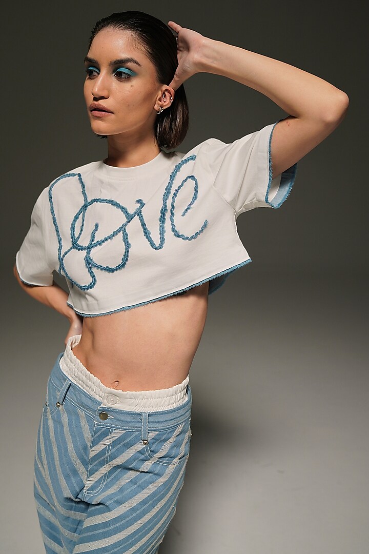 White & Light Blue Knit Embroidered Crop T-Shirt by Priyanca Khanna