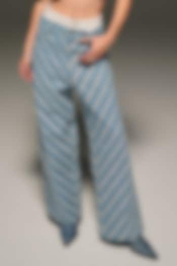 Light Blue & White Denim Embellished Wide Legged Pants by Priyanca Khanna