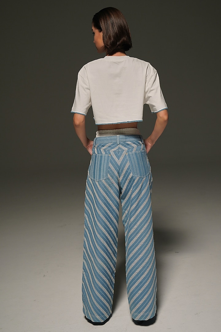 Light Blue & White Denim Embellished Wide Legged Pants by Priyanca Khanna at Pernia's Pop Up Shop