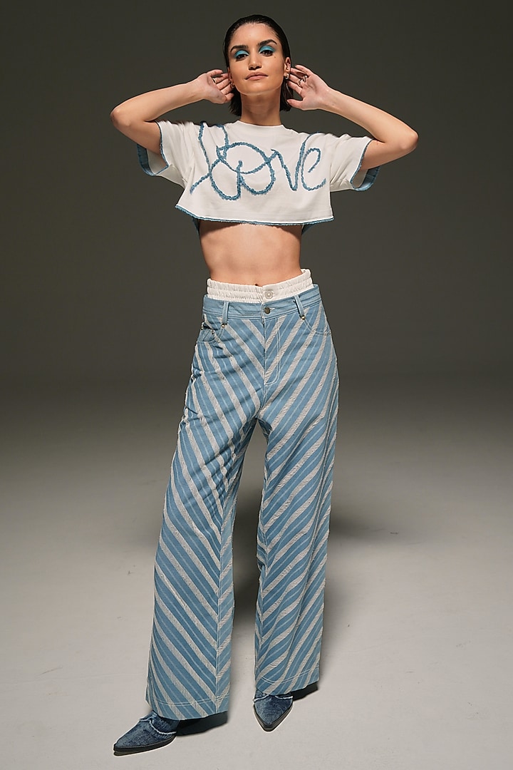 Light Blue & White Denim Embellished Wide Legged Pants by Priyanca Khanna at Pernia's Pop Up Shop