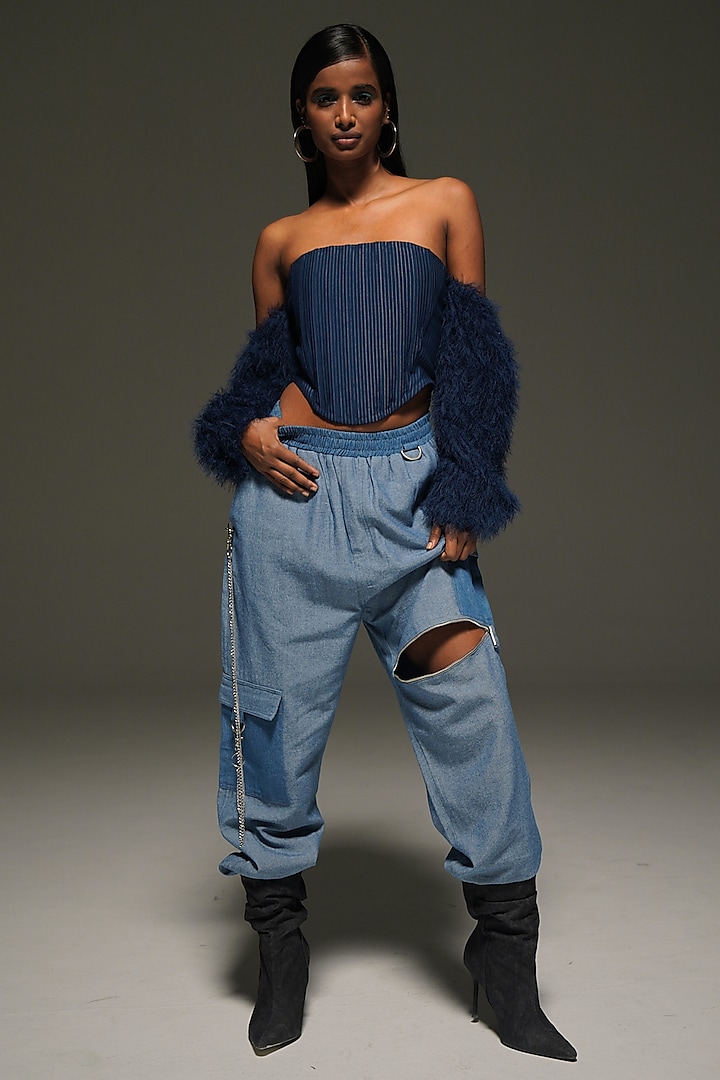 Blue Denim Off-Shoulder Corset Top by Priyanca Khanna at Pernia's