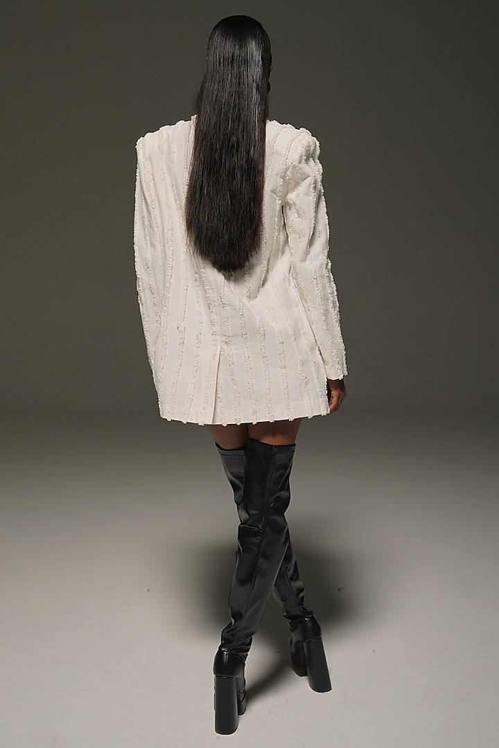 White Denim Fringed Oversized Blazer by Priyanca Khanna at Pernia's Pop Up Shop