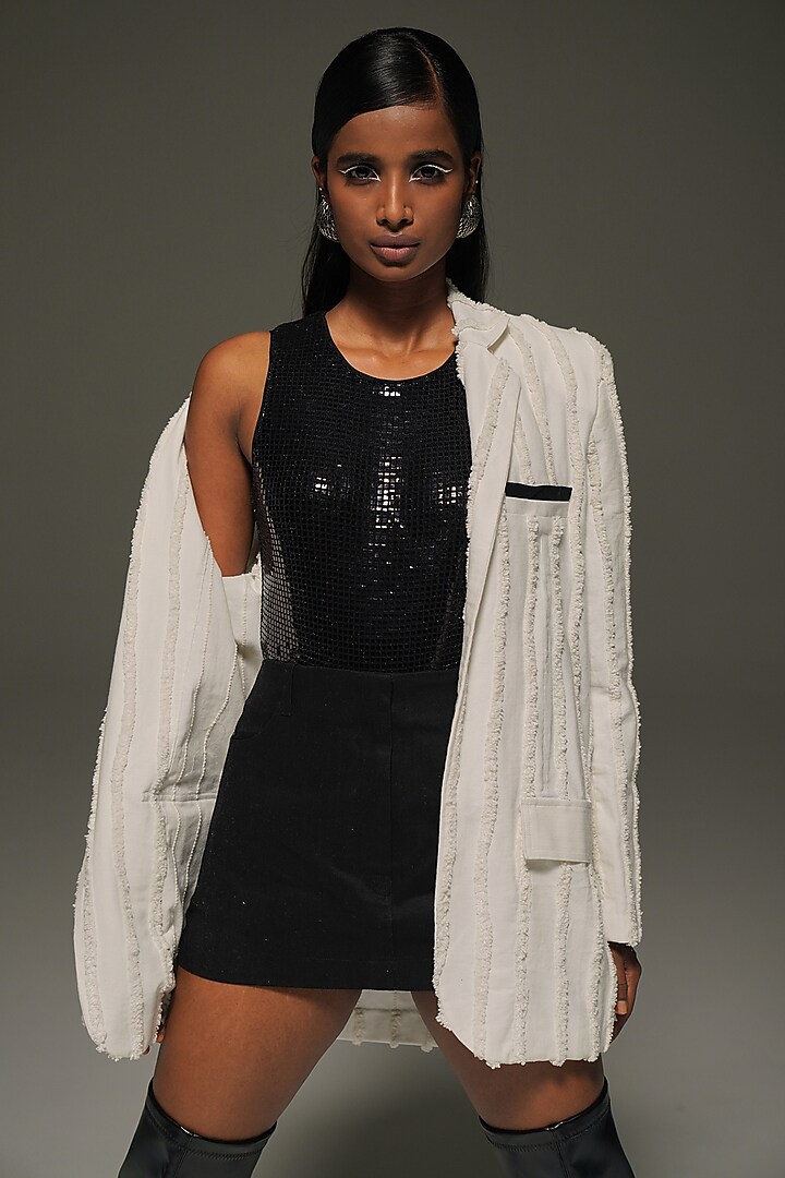 White Denim Fringed Oversized Blazer by Priyanca Khanna at Pernia's Pop Up Shop