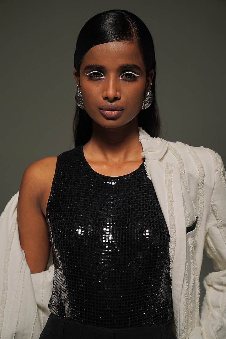 White Denim Fringed Oversized Blazer by Priyanca Khanna at Pernia's Pop Up Shop