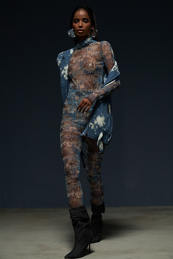 Blue & Grey Lycra Net Digital Printed Jumpsuit by Priyanca Khanna