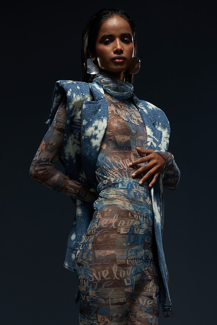 Blue & Grey Lycra Net Digital Printed Jumpsuit by Priyanca Khanna at Pernia's Pop Up Shop