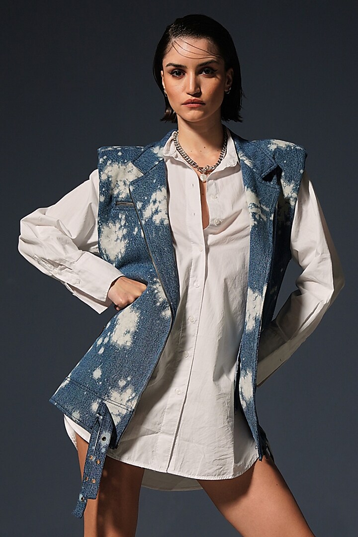 White & Blue Denim Tie-Dye Printed Jacket by Priyanca Khanna